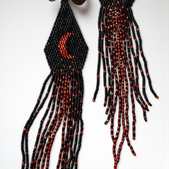 Hand Beaded Black/Red Extra Long Boho Crescent Moon Earrings - Picture 12 of 16